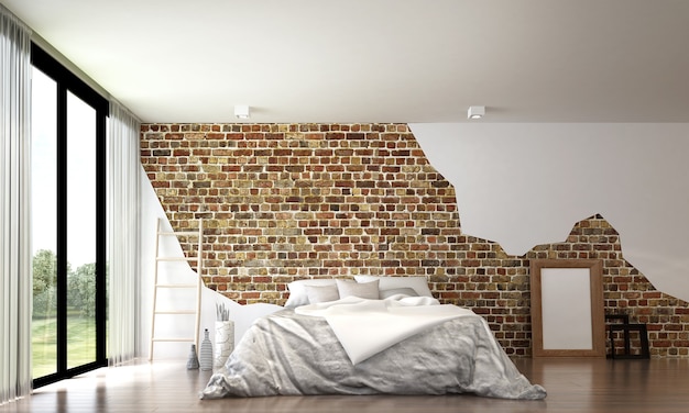 El simulacro de decoración de diseño de interiores de dormitorio loft moderno y fondo de pared de ladrillo