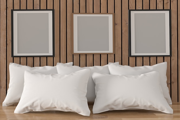 simulacro de marco de fotos con almohadas blancas en el interior de la habitación en representación 3D