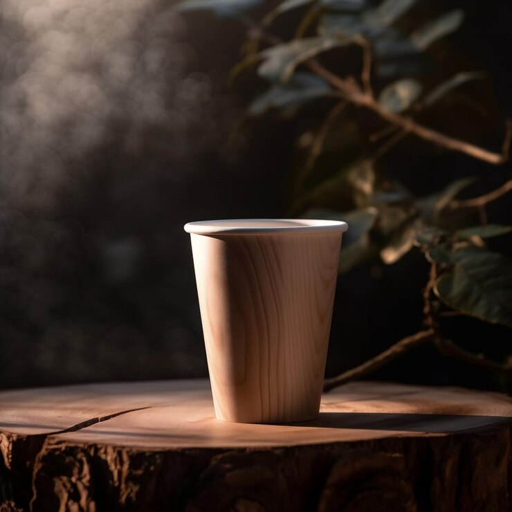 simulacro de taza de café de plástico vacía sobre madera flotante