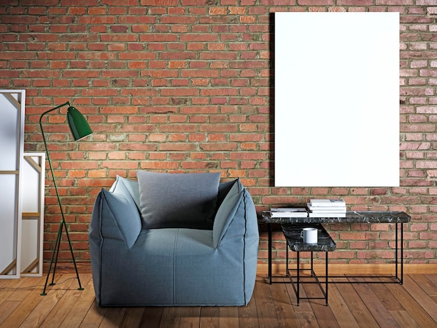 Simulacros de afiche en una pared de ladrillo con una silla azul en un renderizado 3D interior vintage