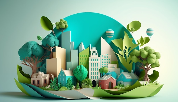 Simulacros de diseño de ciudad verde con energía alternativa de papel IA generativa