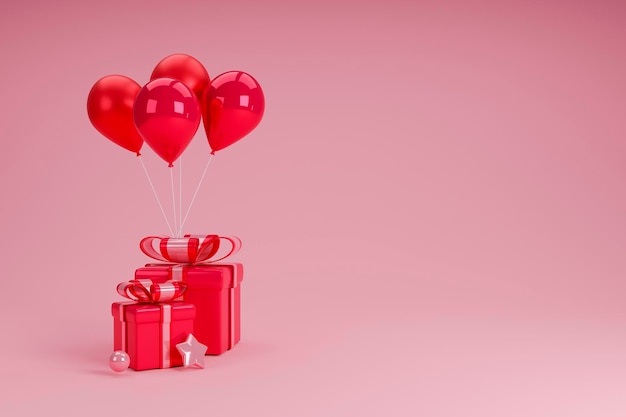 Simulacros de globo con caja de regaloglobos de heliocaja de regaloElementos de diseño decorativo realistarosacolor coralCartelbanner feliz aniversarioNavidadValentieFondo festivoIlustración de render 3D