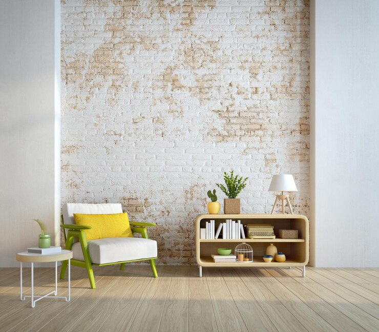 Simulacros de habitación en estilo moderno con sillón y fondo de pared de ladrillo antiguo