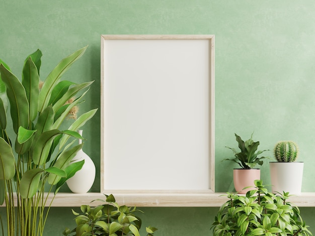 Simulacros de marco de fotos verde montado en la pared en el estante de madera con hermosas plantas. Representación 3d