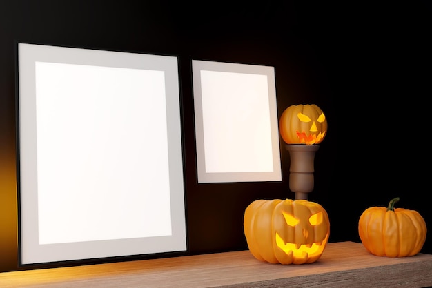 Simulacros de marco negro con Jack o Lantern y decoración de calabaza en un escritorio Concepto de Halloween 3d render