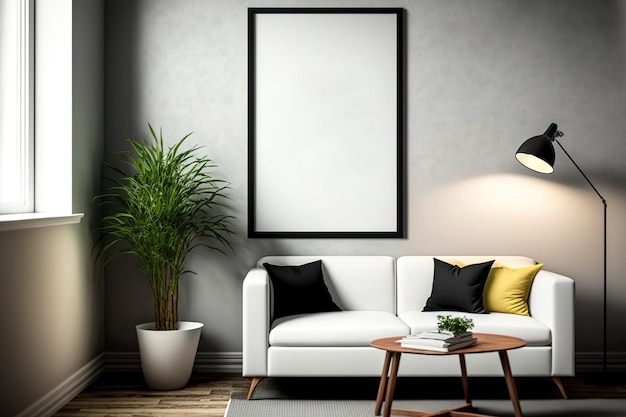 Simulacros de marco de póster en un fondo interior contemporáneo en una sala de estar