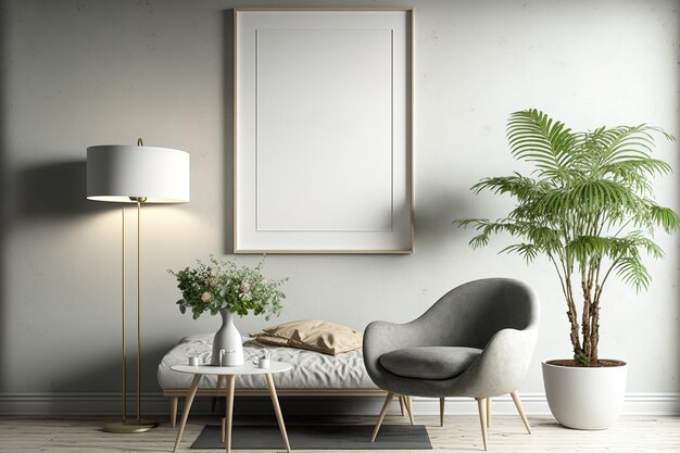 Simulacros de marco de póster con un interior de estilo escandinavo como fondo