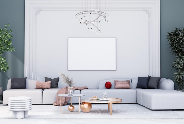 Simulacros de marco de póster en interiores modernos habitaciones completamente amuebladas sala de estar de fondo