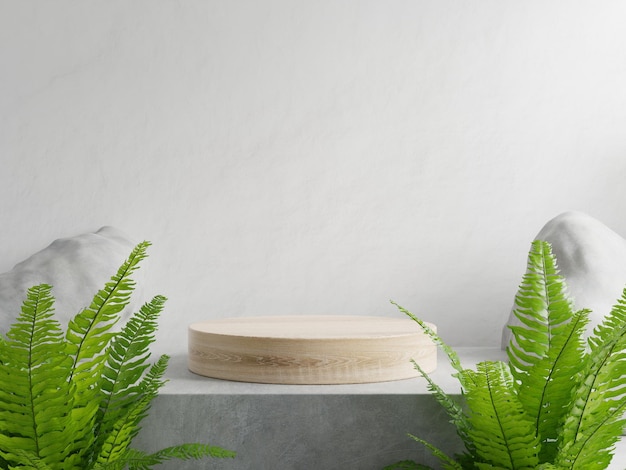 Simulacros de podio de madera para la presentación del producto con un fondo de cemento.Representación 3D