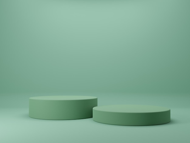 Simulacros de podios de cilindros sobre fondo verde. Diseño minimalista con espacio vacío circular.