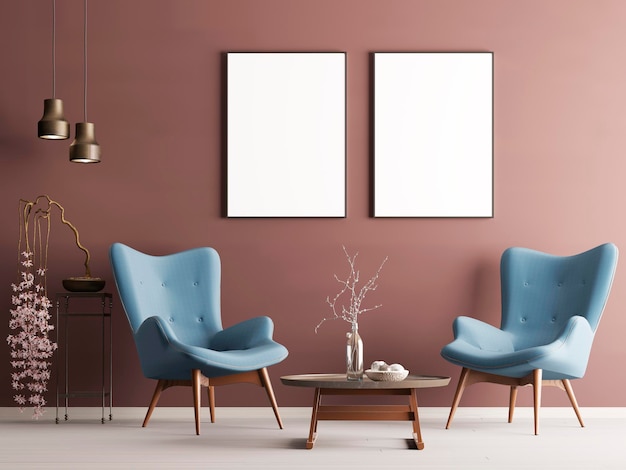 Simulacros de póster en interior moderno pastel con sillones suaves de pared burdeos planta y lámparas renderizado 3d