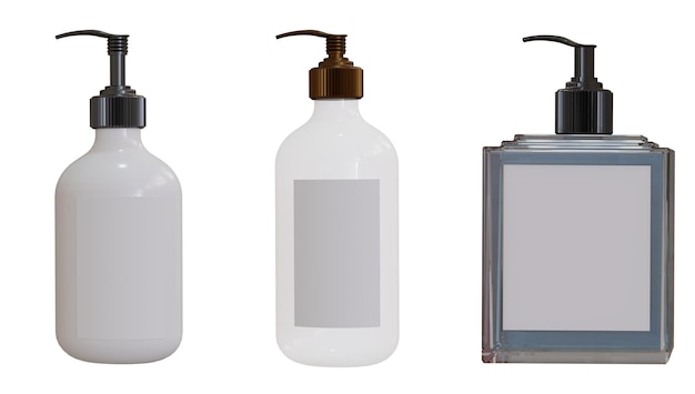 Simulacros de vidrio transparente brillante realista jabón cosmético champú crema aceite cuentagotas y botellas de spray