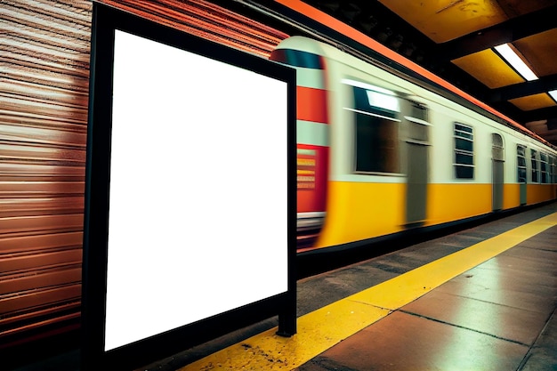 Simular modelo de mídia de pôster Anúncios exibidos na estação de metrô com trem em movimento no fundo Simular maquete de outdoor de banner para publicidade na cidade, útil para design IA generativa