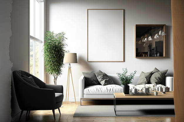 Simule a moldura do pôster em um ambiente interior contemporâneo em uma sala de estar