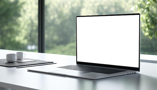 Simule una computadora portátil en una mesa blanca en una habitación blanca mínima con fondo verde con vista al jardín IA generativa