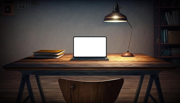 Simule una computadora portátil en una mesa de estudio de madera en un espacio de trabajo retro oscuro por la noche IA generativa