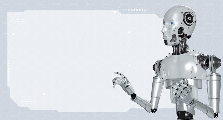 Foto simule el fondo del marco digital del espacio vacío señalando con el dedo por el robot de representación 3d para el aprendizaje de datos publicitarios o la información de marketing tecnología de inteligencia artificial del presentador robótico ai
