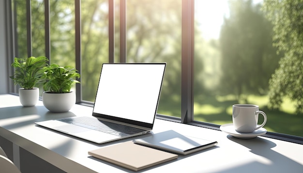 Simule um computador portátil de tela em branco na mesa branca na sala de estudo com vista para a janela da floresta Generative AI