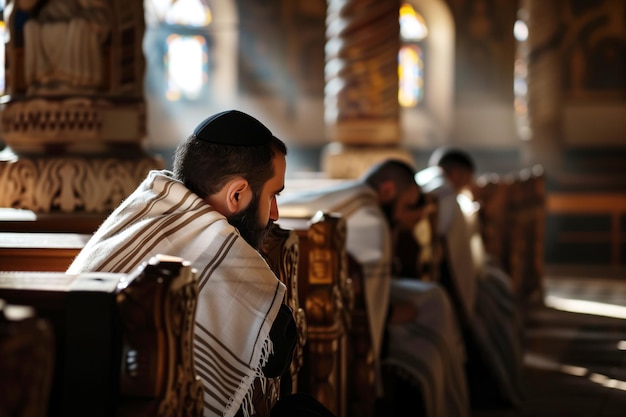 En la sinagoga un adorador judío ortodoxo lleva un tallit durante la oración ai generación