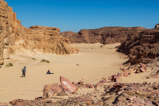 Sinai-Halbinsel Ägypten Touristen in einer Wüste im Sinai Gelber und orangefarbener Sandstein