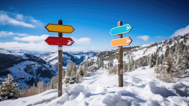 Foto sinais coloridos de trilhas de esqui na neve