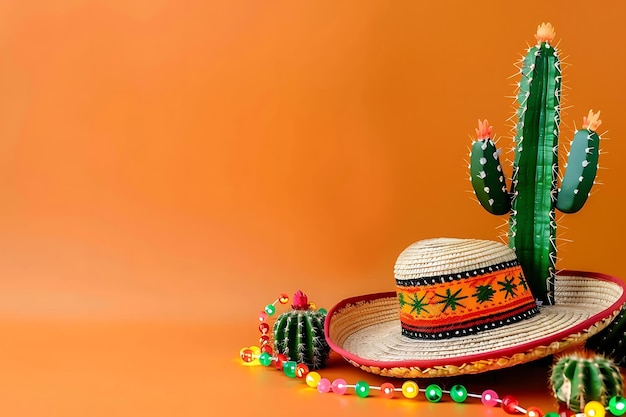 Foto sinais de cinco de mayo e cacto mexicano em um chapéu sombrero