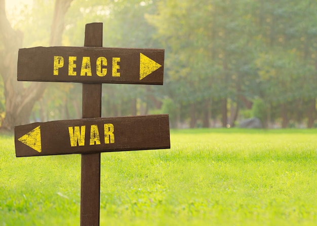 Sinais de madeira Paz versus Guerra em um espaço de cópia de fundo verde natural
