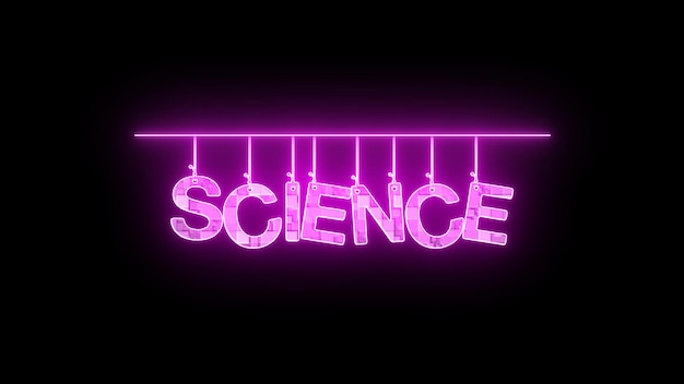 Sinais de néon com a palavra SCIENCE em roxo sobre fundo escuro