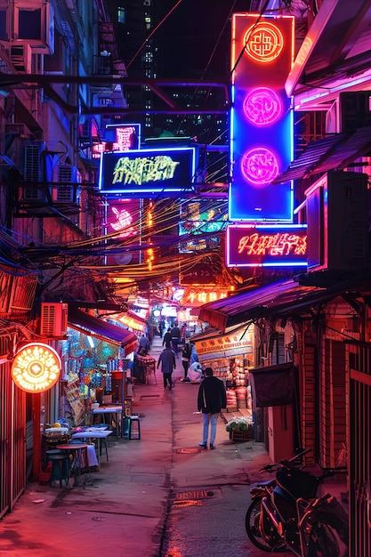 Sinais de néon e luzes vibrantes iluminando as barracas do mercado noturno