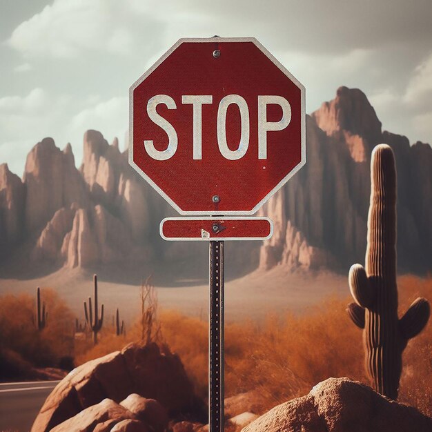 Foto sinais de parada ao lado de uma estrada deserta