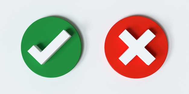 Sinais de tique e cruzada Marca de verificação verde e ícones X vermelhos isolados no fundo branco renderização 3D