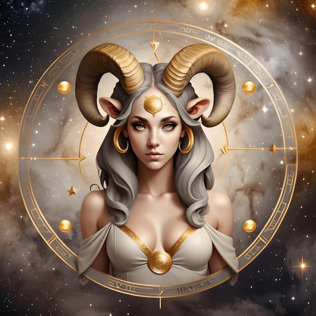 Foto sinais do zodíaco áries uma mulher com chifres