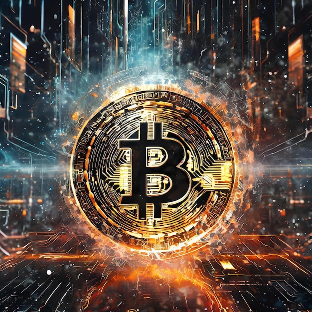 Foto sinais virtuais de bitcoin em um preto futurista