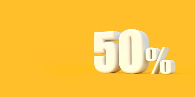 Sinal branco brilhante de cinquenta por cento em fundo amarelo 50 desconto na venda ilustração de renderização 3D