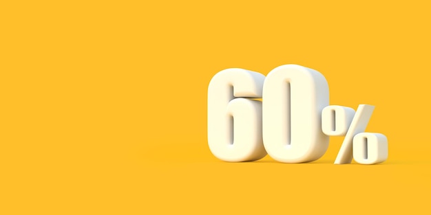 Sinal branco brilhante de sessenta por cento em fundo amarelo 60 desconto na venda ilustração de renderização 3D
