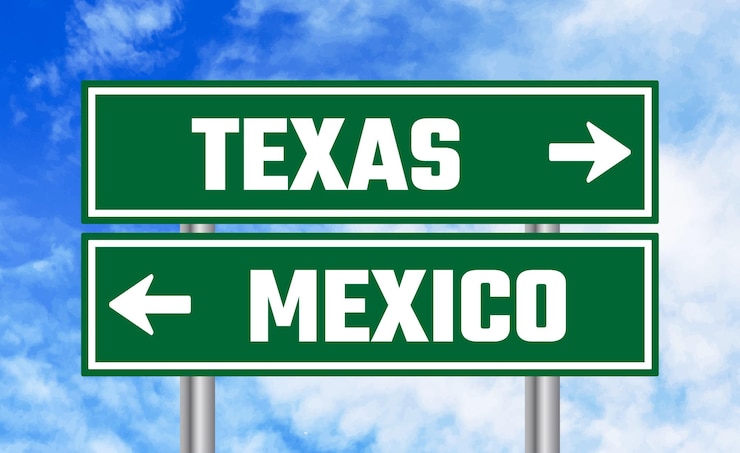 Foto sinal de carretera de texas o méxico en el fondo del cielo nublado