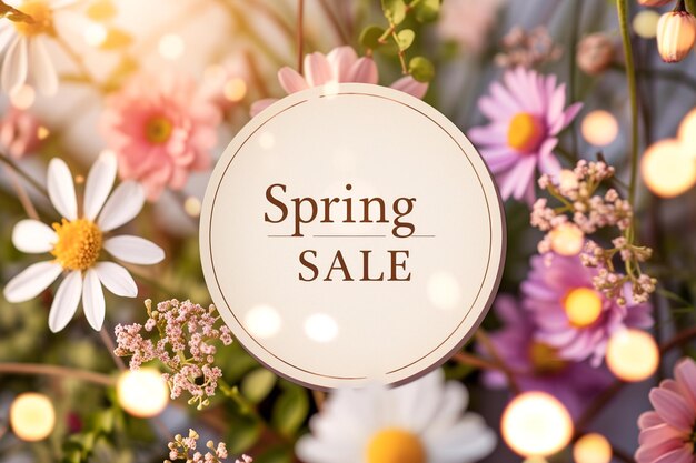 Sinal circular de venda de primavera etérea com fundo de margarida e flor rosa.