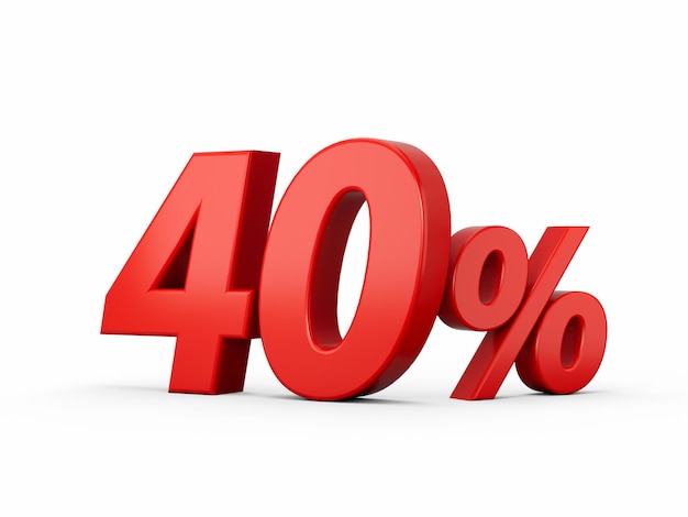 Sinal de 40 por cento vermelho 3d na ilustração 3d do fundo branco Sinal de 40 por cento vermelho 3d na ilustração 3d do fundo branco
