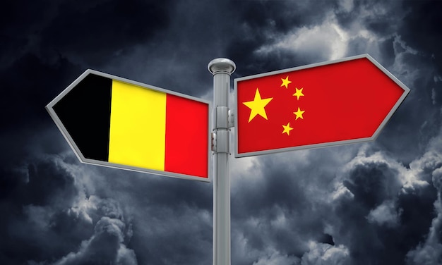 Sinal de bandeira da China e da Bélgica movendo-se em direção diferente Renderização em 3D