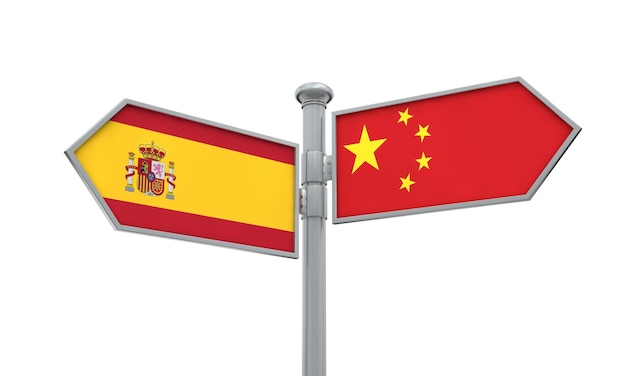 Sinal de bandeira da China e da Espanha movendo-se em direção diferente Renderização em 3D