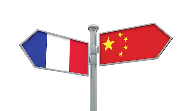 Sinal de bandeira da China e da França movendo-se em direção diferente Renderização em 3D