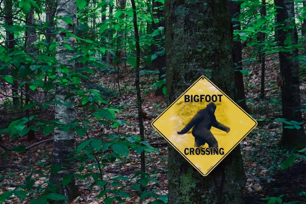 Sinal de bigfoot no tronco de uma árvore na floresta