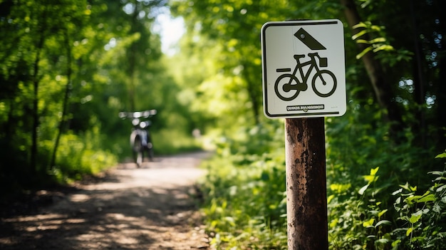 sinal de ciclismo montado em uma placa de madeira na floresta