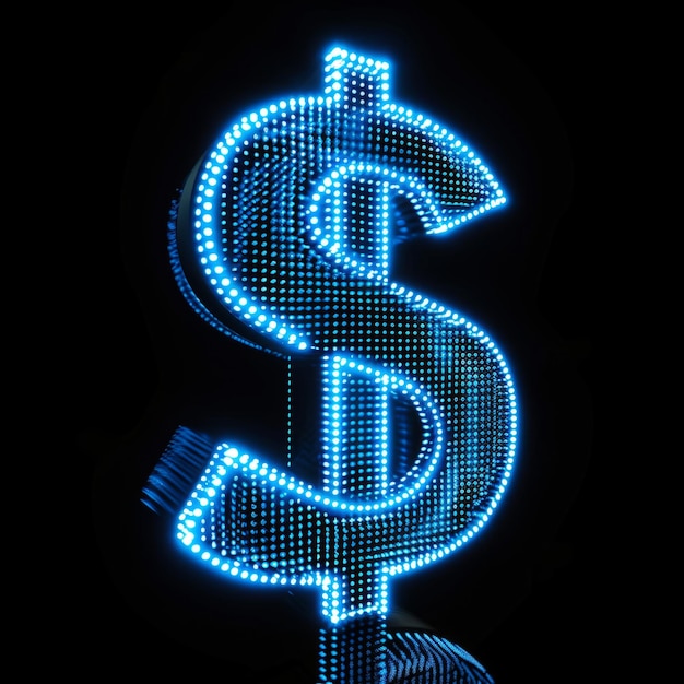 Sinal de dólar LED azul isolado em fundo preto