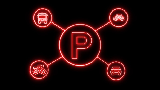 Sinal de estacionamento de néon com ícones de carros, ônibus, bicicletas e motocicletas em um fundo preto