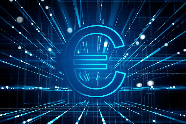 Foto sinal de euro brilhante abstrato sobre fundo de linhas metaversas azuis embaçadas dinheiro de banco on-line e conceito de investimento renderização em 3d