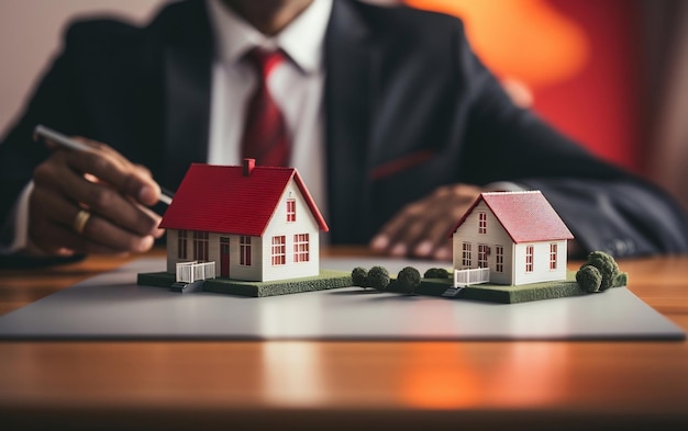 Sinal de grande interesse vermelho e pequena casa na mesa IA generativa