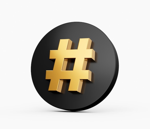 Sinal de Hashtag de ouro com círculo preto na ilustração 3D de fundo branco