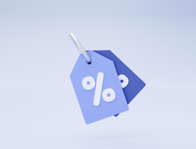 Sinal de ícone de etiqueta de desconto ou conceito de comércio eletrônico de promoção de símbolo na ilustração 3d de fundo azul