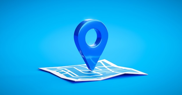 Sinal de ícone de pino de símbolo de localização azul ou mapa de localização de navegação ponteiro de direção de gps de viagem e marcador de lugar de elemento de design de ponto de posição no fundo de destino de marca de estrada gráfica de rota. 3D render.